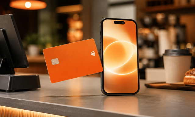 カフェの会計で無地のオレンジカードとスマートフォンを使う、au PAY カード向け独自生成イメージ
