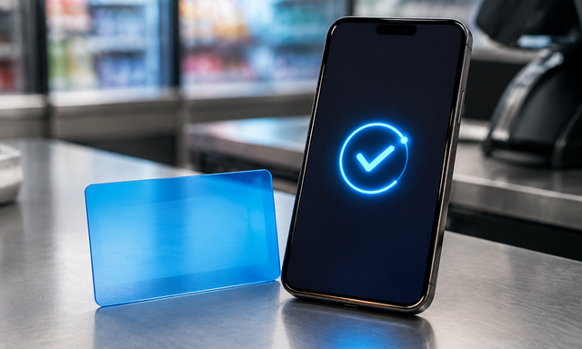 コンビニ会計で無地の青いカードと認証画面のスマートフォンを使う、セゾンカード向け独自生成イメージ