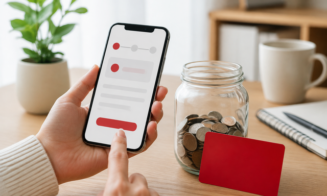 スマートフォンで口座開設を進め、貯金瓶と無地カードを置いた楽天銀行向け独自生成イメージ