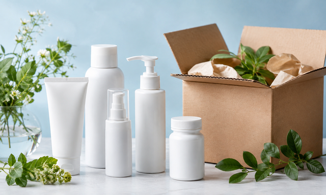 スキンケア用品と植物、配送箱を配したDHCオンラインショップ向け独自生成イメージ