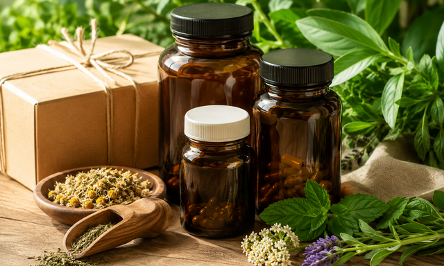 サプリメント、ハーブ、配送箱を自然光で撮影したiHerb向け独自生成イメージ