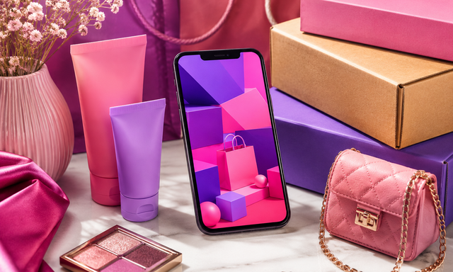 コスメ、ファッション小物、配送箱、スマートフォンを配したQoo10向け独自生成イメージ