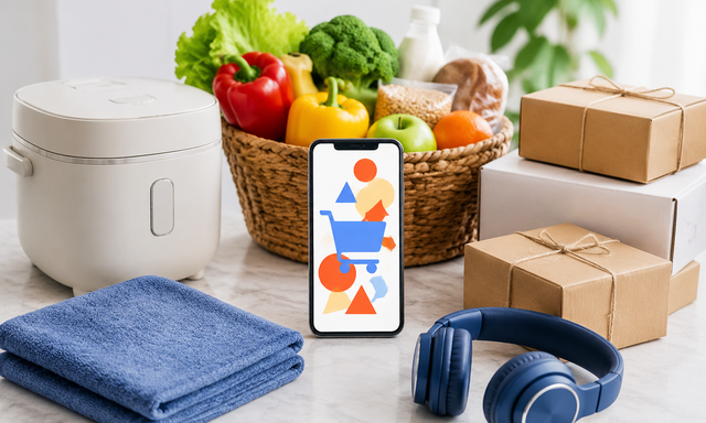 家電、食品、日用品、配送箱を並べたYahoo!ショッピング向け独自生成イメージ