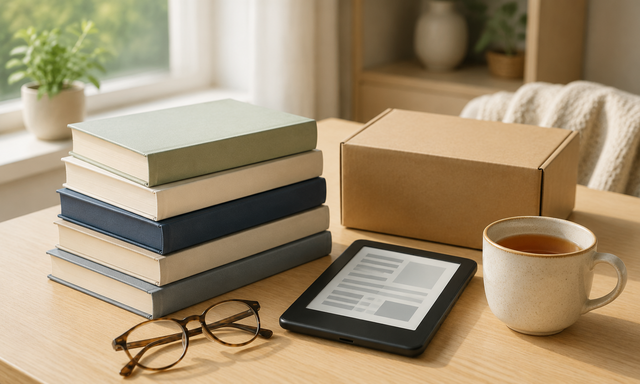 本、電子書籍端末、眼鏡、配送箱を配した楽天ブックス向け独自生成イメージ