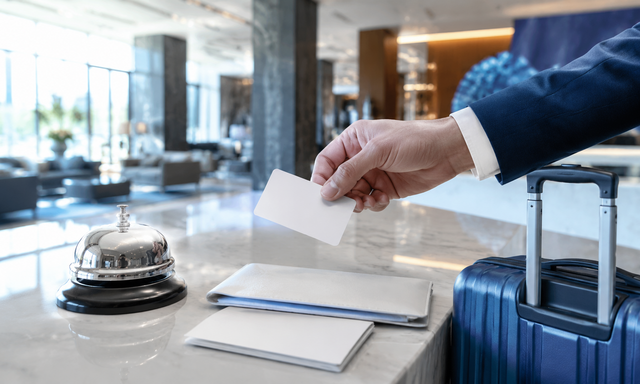 ホテルのチェックインカウンターと青いスーツケースによるBooking.com向け独自生成イメージ