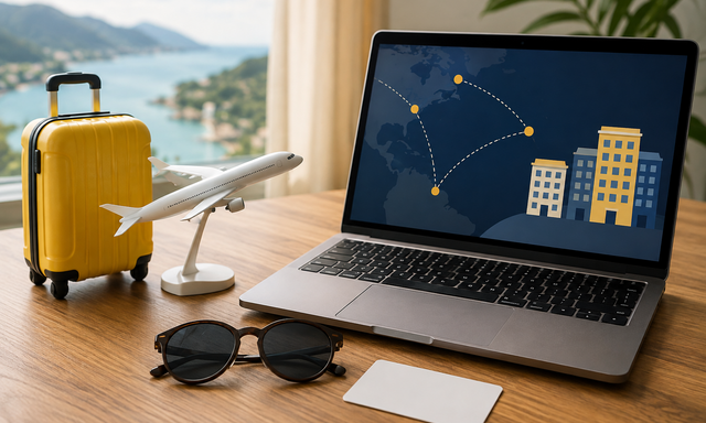 航空券とホテルを計画する机に黄色いスーツケースとパソコンを配したExpedia向け独自生成イメージ