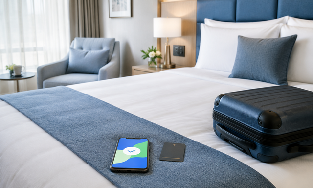 ホテル客室、スーツケース、キーカード、予約確認用スマートフォンを配したTrip.com向け独自生成イメージ