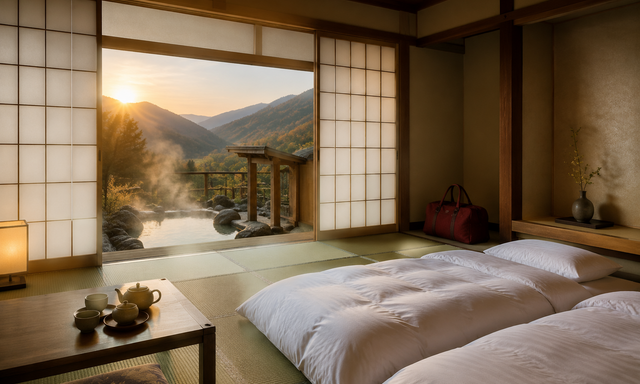 畳、布団、茶器、温泉の景色を配した楽天トラベル向け独自生成イメージ