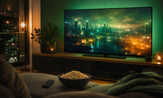 夜のリビングでテレビ配信映像とポップコーンを楽しむHulu向け独自生成イメージ