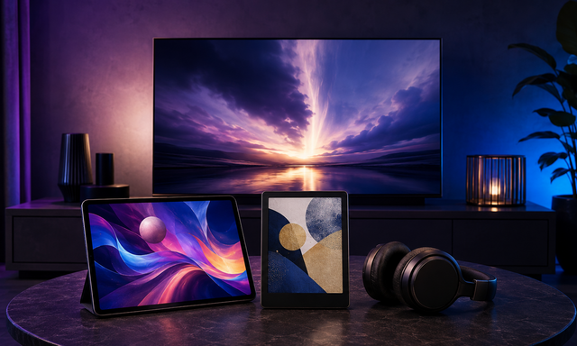 テレビ、タブレット、電子書籍端末、ヘッドホンを配したU-NEXT向け独自生成イメージ